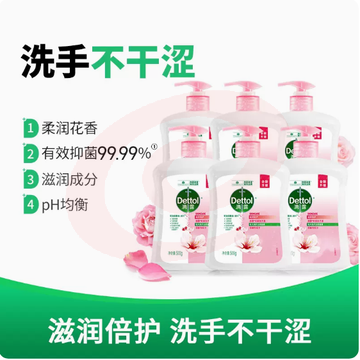 Dettol/滴露洗手液滋润倍护500g*6瓶装补充大桶家庭装泡沫丰富 SKU：YDKJ00729