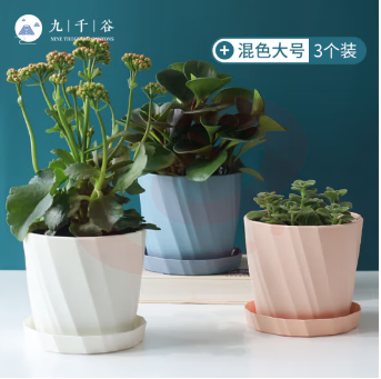 九千谷 欧式简约创意花盆三色混装大号3个装 九里香文竹红掌绿萝花卉绿植加厚仿陶瓷塑料花盆 带托盘4252