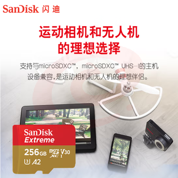 闪迪（SanDisk）256GB TF内存卡 U3 V30 4K A2  读速高达190MB/s 兼容运动相机和无人机存储卡 SKU：YDKJ04619