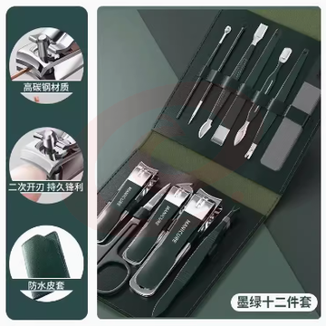 德国指甲刀套装指甲剪指甲钳男士挖掏耳勺进口家用工具包原装剪刀 德国精工♥升级指甲剪皮套12件套/ 墨绿
