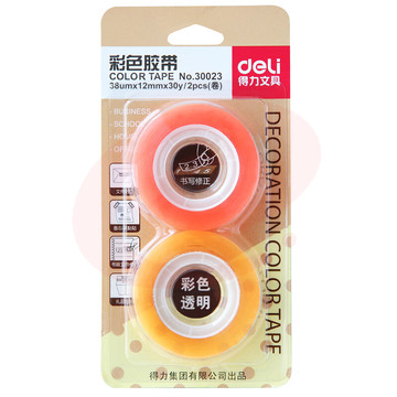 得力(deli) 彩色文具胶带 彩色透明胶文具小胶带 窄胶带12mm*30y*38um(混)(2卷/卡)  30023