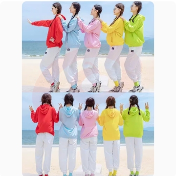 彩色卫衣+裤子套装 宽松糖果色班服定制