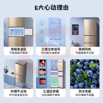 创维 (SKYWORTH) 210L家用三门小冰箱风冷无霜三开门冰箱宽幅变温精细分储节能保鲜冰箱W21A普利金