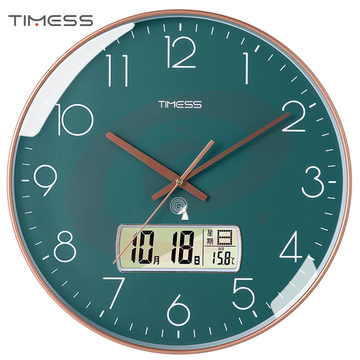 Timess 挂钟 电波钟客厅万年历钟表时尚简约日历温度时钟自动对时挂墙表 孔雀绿35CM电波款