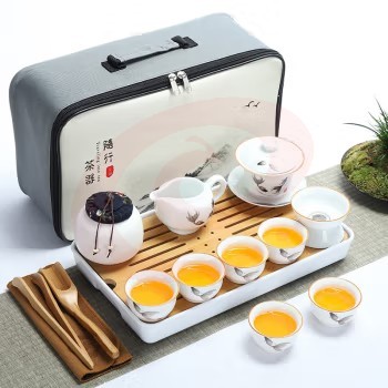 旅行茶具简约家用功夫泡茶壶茶杯便携式旅游包车载竹茶盘 15件套鱼跃龙门三才碗套装 白瓷