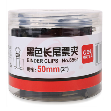 得力8561-1#黑色长尾票夹50mm(筒装)(黑)(12只/筒)  DBJ202302211540181 SKU：YDKJ14842