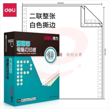得力(deli)中档珊瑚海 二联整张撕边电脑打印纸 白色针式打印纸(241-2S色序:全白1000页/箱)