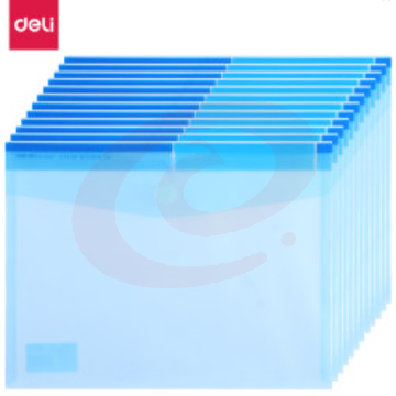 得力(deli) 5504 A4加厚透明文件袋/粘扣资料袋/防水档案袋 12个装 尺寸：315*235mm 蓝色 (5包起售，偏远区域下单前请电话咨询)
