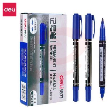 得力（deli）6824 蓝色双头多用油性记号笔签字笔 勾线笔会议笔马克笔 蓝色12支/盒装