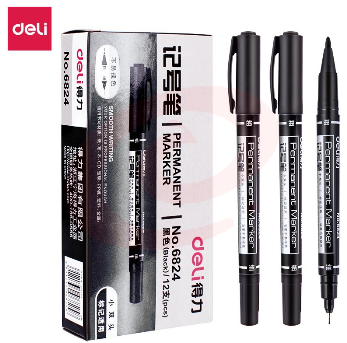 得力(deli)黑色双头多用油性记号笔签字笔 双头勾线笔美术勾线笔会议笔马克笔 学生儿童勾线笔12支/盒6824