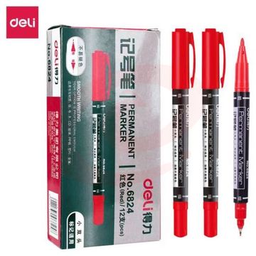 得力（deli）6824 红色双头多用油性记号笔签字笔 勾线笔会议笔马克笔 红色12支/盒装