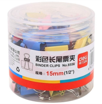 得力 8556 彩色长尾票夹 15mm 60只/筒 （筒） 混色