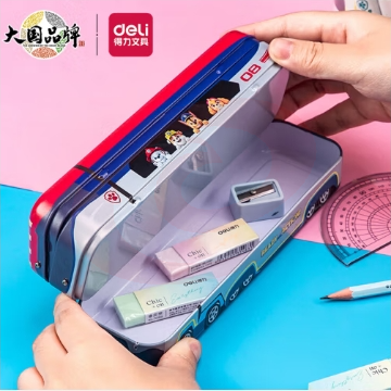 得力(deli)汪汪队救援大巴车文具盒马口铁三层可折叠铅笔盒 多功能收纳盒笔袋 红色70854