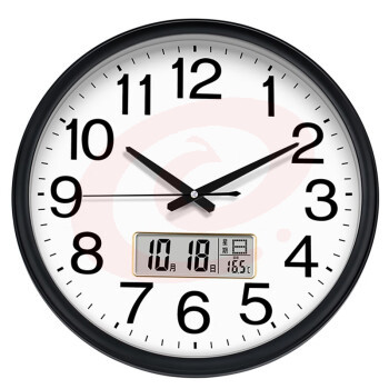 Timess 挂钟表客厅万年历时钟现代简约16英寸双日历温度石英钟家用挂表 优雅黑30厘米日历款