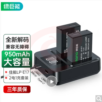 绿巨能（llano）佳能LP-E17相机电池/充电器套装 2电1充款 适用77D/760D/850D/750D/800D/M6/M3/M5单反数码相机电池