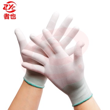 者也 作业防护手套PU尼龙涂指涂掌手套白色无尘透气浸胶薄款耐磨工作手套 PU涂指防静电 中号M(绿色边)