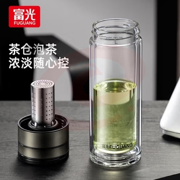 富光山海系列玻璃杯 男女士双层水杯 支持团购定制杯子泡茶杯 商务杯枪色340ml