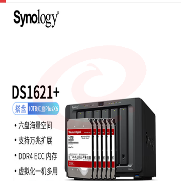 群晖（Synology）DS1621+ 搭配6块西数(WD) 10TB 红盘Plus WD101EFBX硬盘 套装