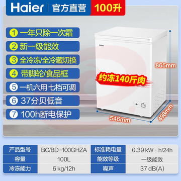 海尔（Haier）冰柜家用100升单温卧式小冷柜冷藏冷冻一级能效冷柜冷冻冰柜商用大容量冰箱 【冰箱伴侣】100升约冻140斤肉