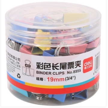 得力8555-5#彩色长尾票夹19mm(筒装)(混)(40只/筒)