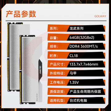 光威（Gloway）64GB(32GBx2) DDR4 3600 台式机内存条 龙武 马甲条 海力士CJR CL18 深空银