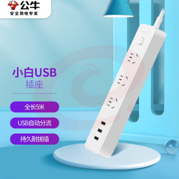 公牛（BULL）USB插座 插线板/插排/排插/ 3usb接口 3孔全长5米带保护门 GN-B403U总控开关